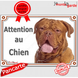 Dogue de Bordeaux fauve acajou à masque face rouge, plaque portail "Attention au Chien" pancarte panneau photo