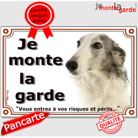 Lévrier Barzoï gris bleu et blanc, plaque portail "Je Monte la Garde, vous entrez à vos risques et périls" photo, résiste pluie 