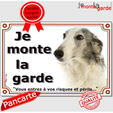 Lévrier Barzoï gris bleu et blanc, plaque portail "Je Monte la Garde, vous entrez à vos risques et périls" photo, résiste pluie 