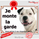 Amstaff blanc et noir, plaque portail "Je Monte la Garde, risques et périls" panneau pancarte photo