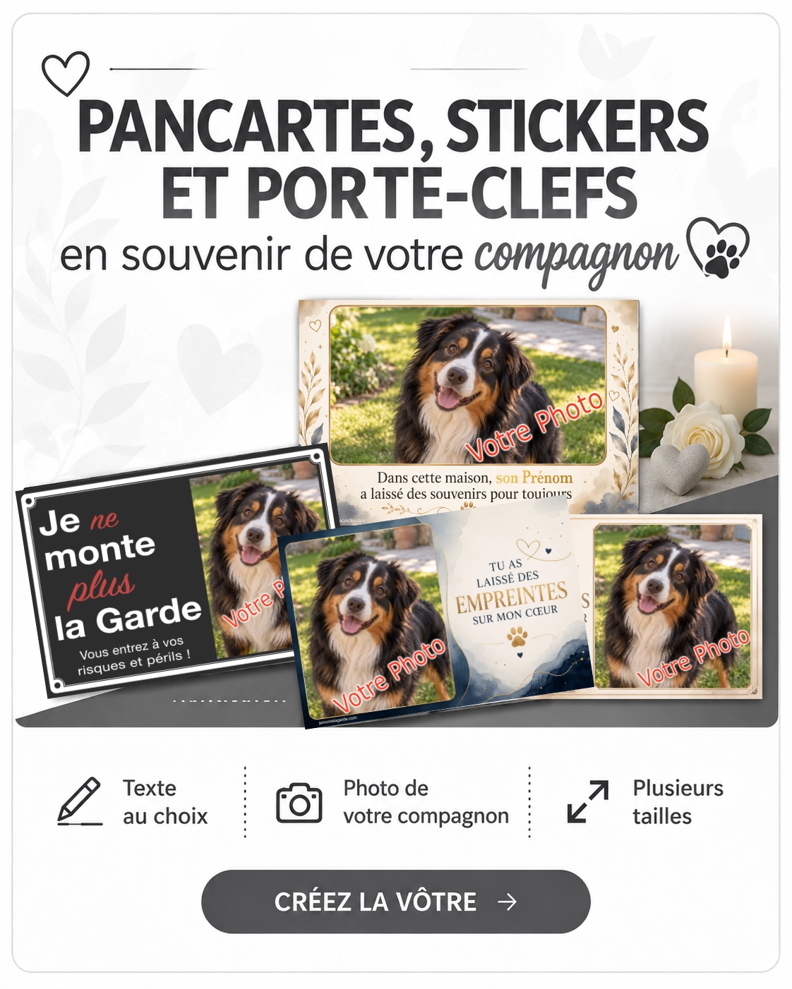 Pancartes, porte-clefs et stickers personnalisables souvenir et funéraire