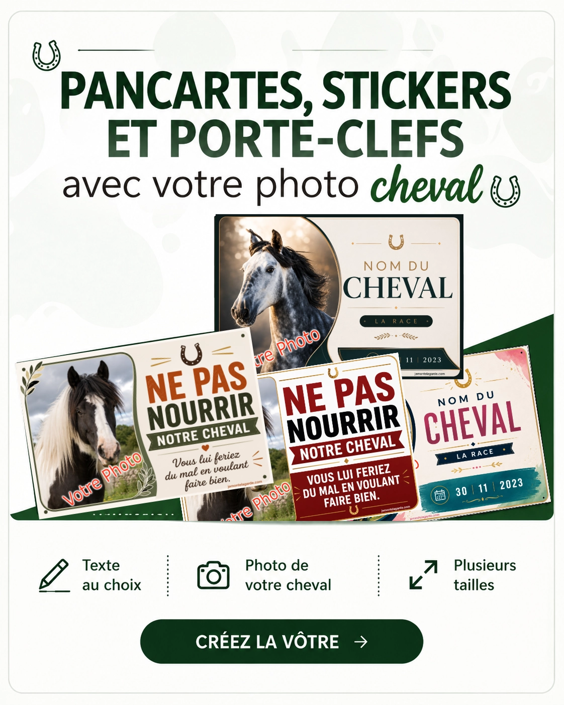 Pancartes, stickers et porte-clefs personnalisables avec la photo de votre cheval